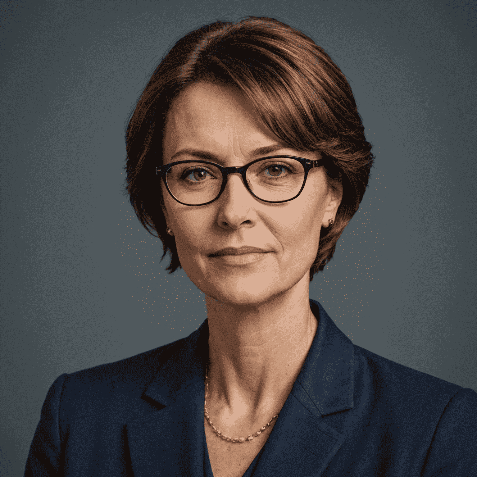 Portrait of Jana Novakova, a middle-aged woman with short brown hair and glasses, wearing a navy blue blazer