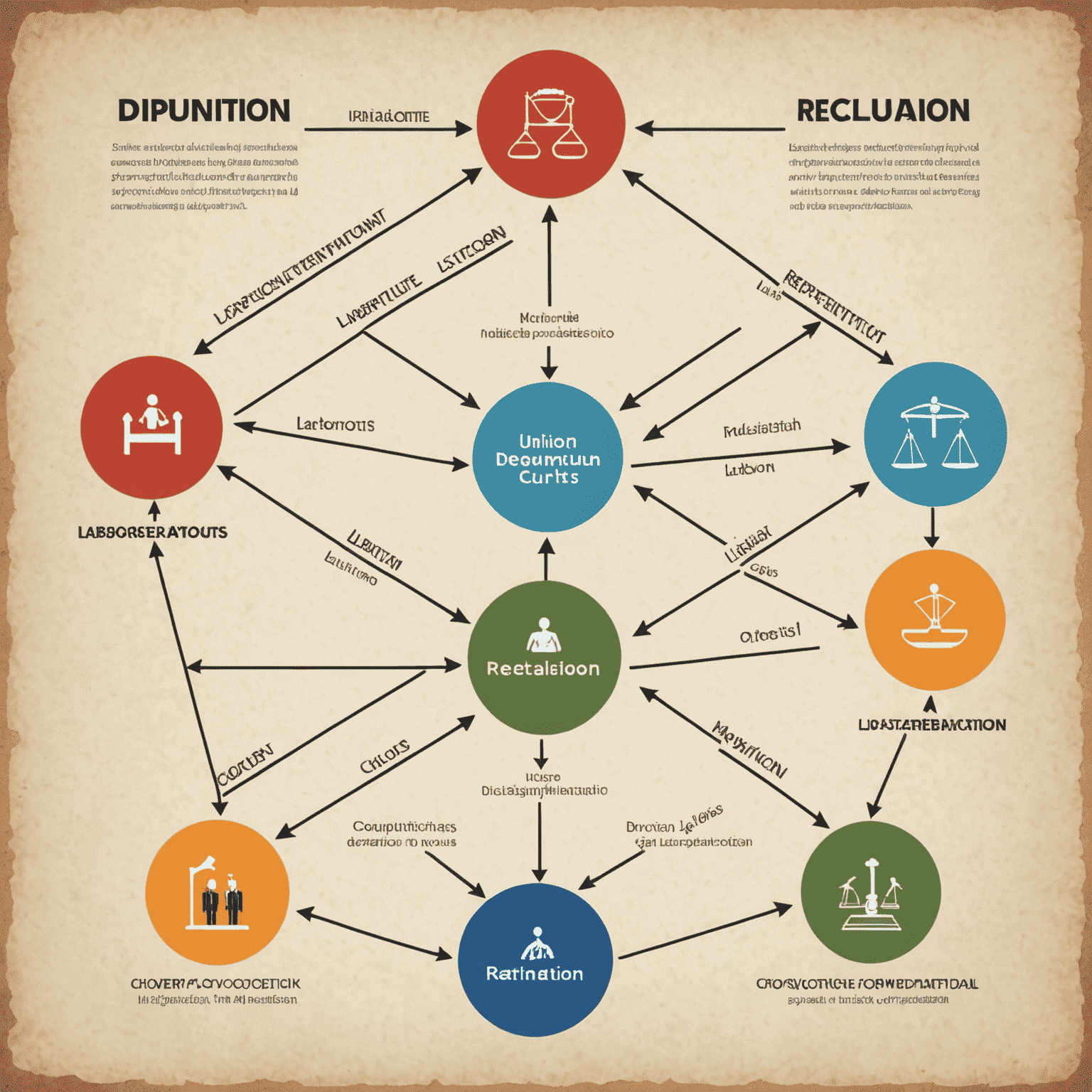A diagram showing different paths of dispute resolution, including mediation, labor courts, and union representation, with arrows connecting each option.